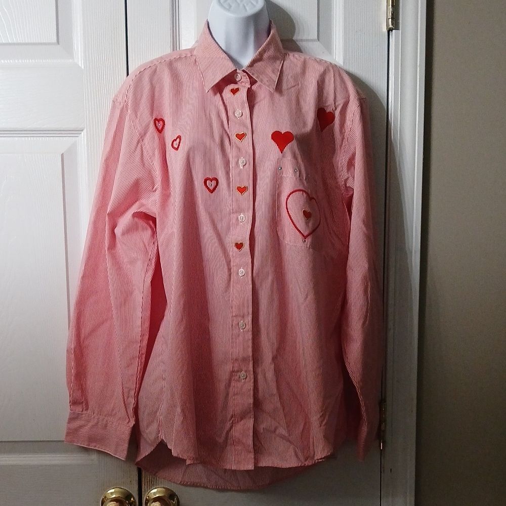 Get Lucky USA red white striped heart valentine button down shirt Sz L NWOT
